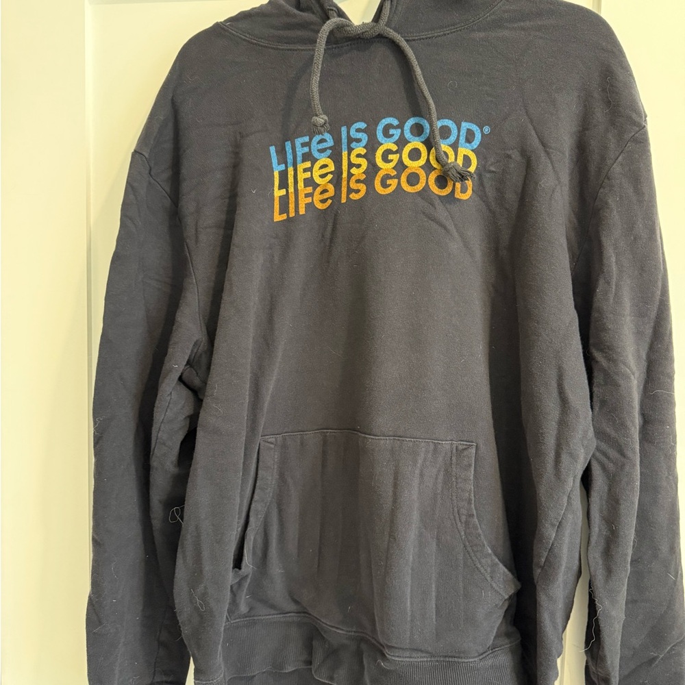 Life Is Good Black Hoodie with Blue and Yellow Accents